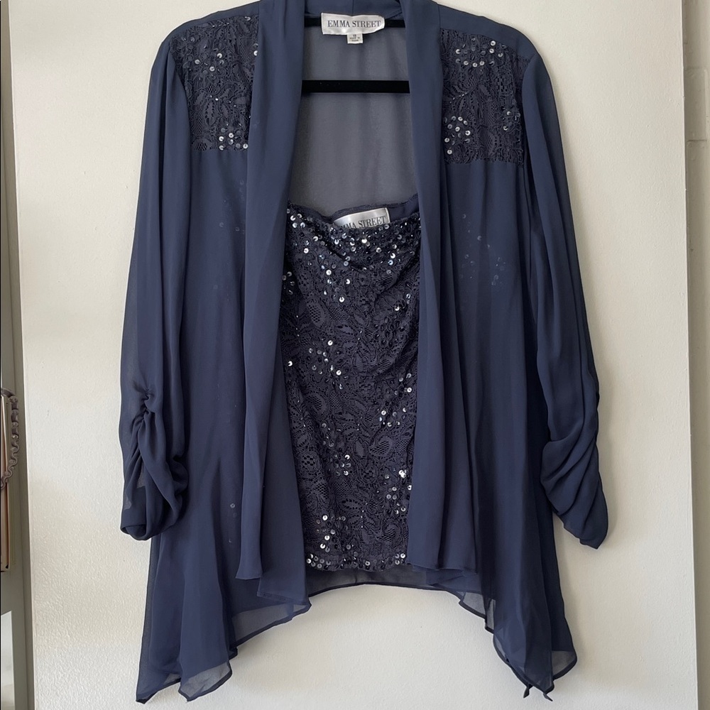 Emma Street|Elegant Navy Sequin Blouse and Jacket Set|Size 18*runs small|GUC